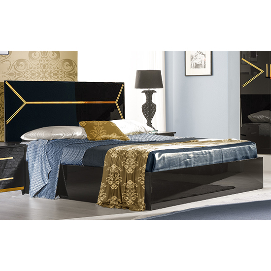Elegance High Gloss Storage King Size Bed In Black And Gold