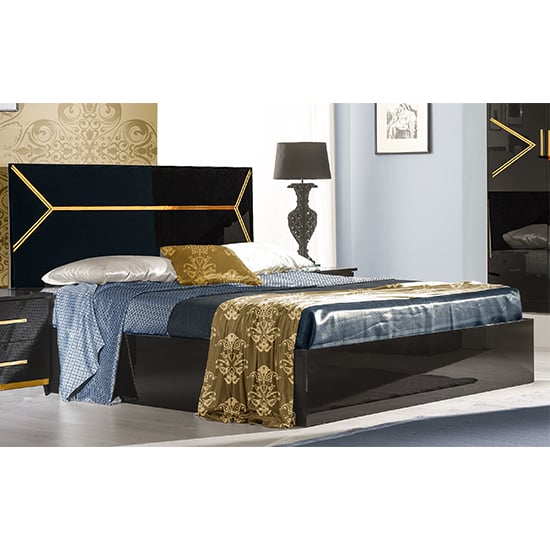 Elegance High Gloss King Size Bed In Black And Gold_1