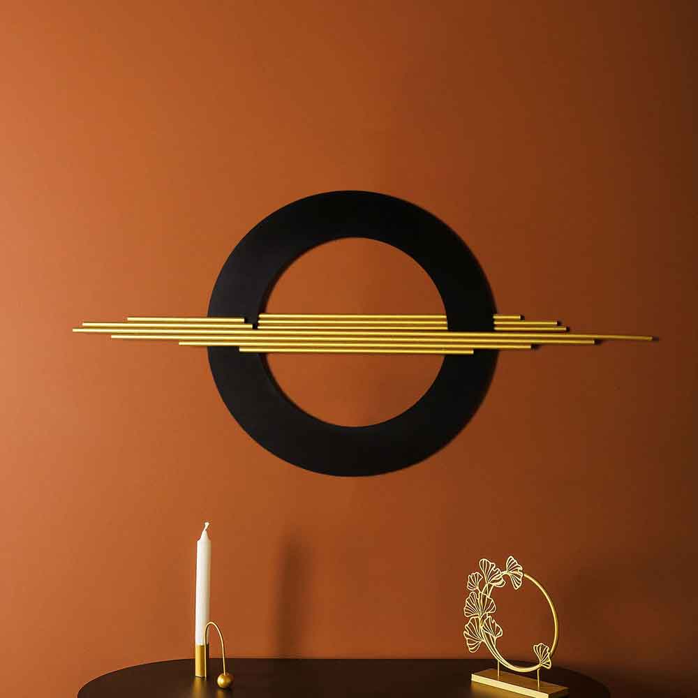 Elegant Metal Black Circle with Gold Lines Wall Art