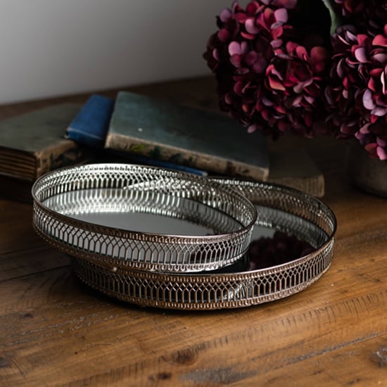 Read more about Elegiac nickel circular set of two tea trays in antique silver