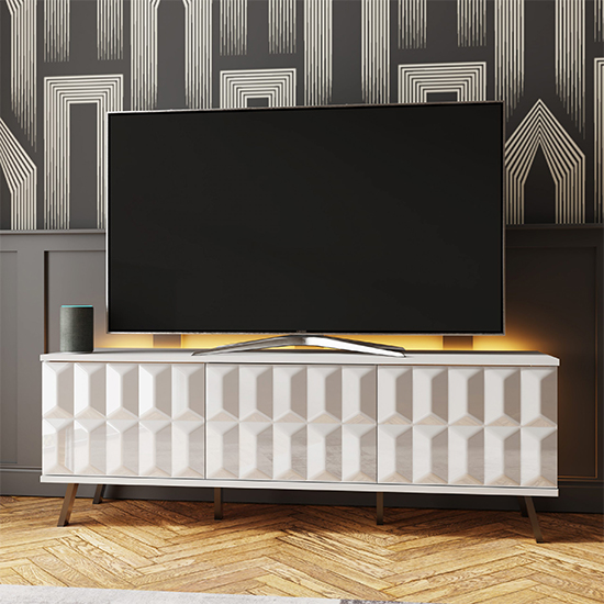 Elevate High Gloss TV Stand In White With LED Lights_1