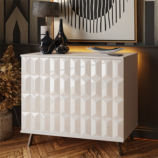 Elevate Small High Gloss Sideboard In White With LED Lights Furniture