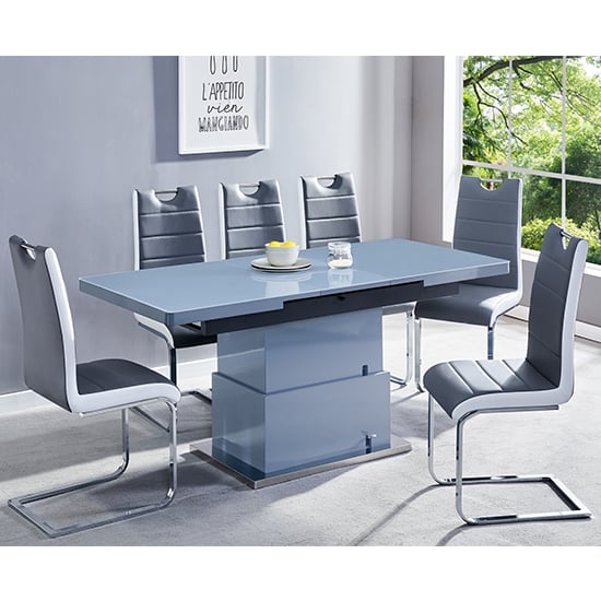 Read more about Elgin convertible grey gloss dining table 6 petra grey chairs
