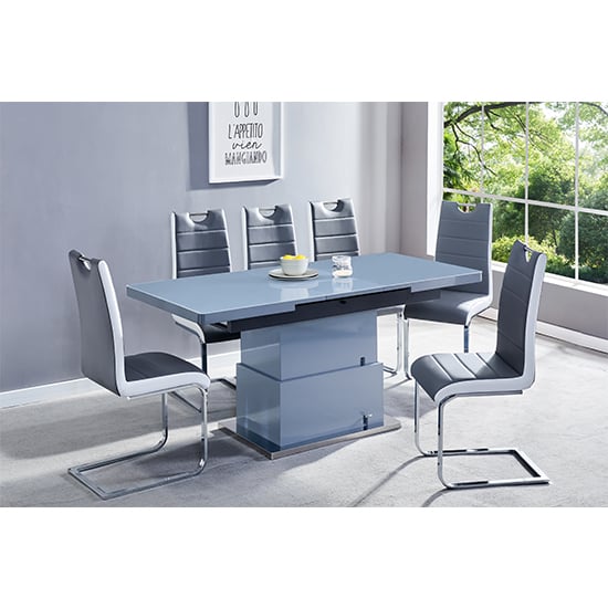 Elgin Convertible Grey Gloss Dining Table 6 Gia Grey White Chairs