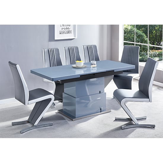 Read more about Elgin convertible grey gloss dining table 6 gia grey chairs