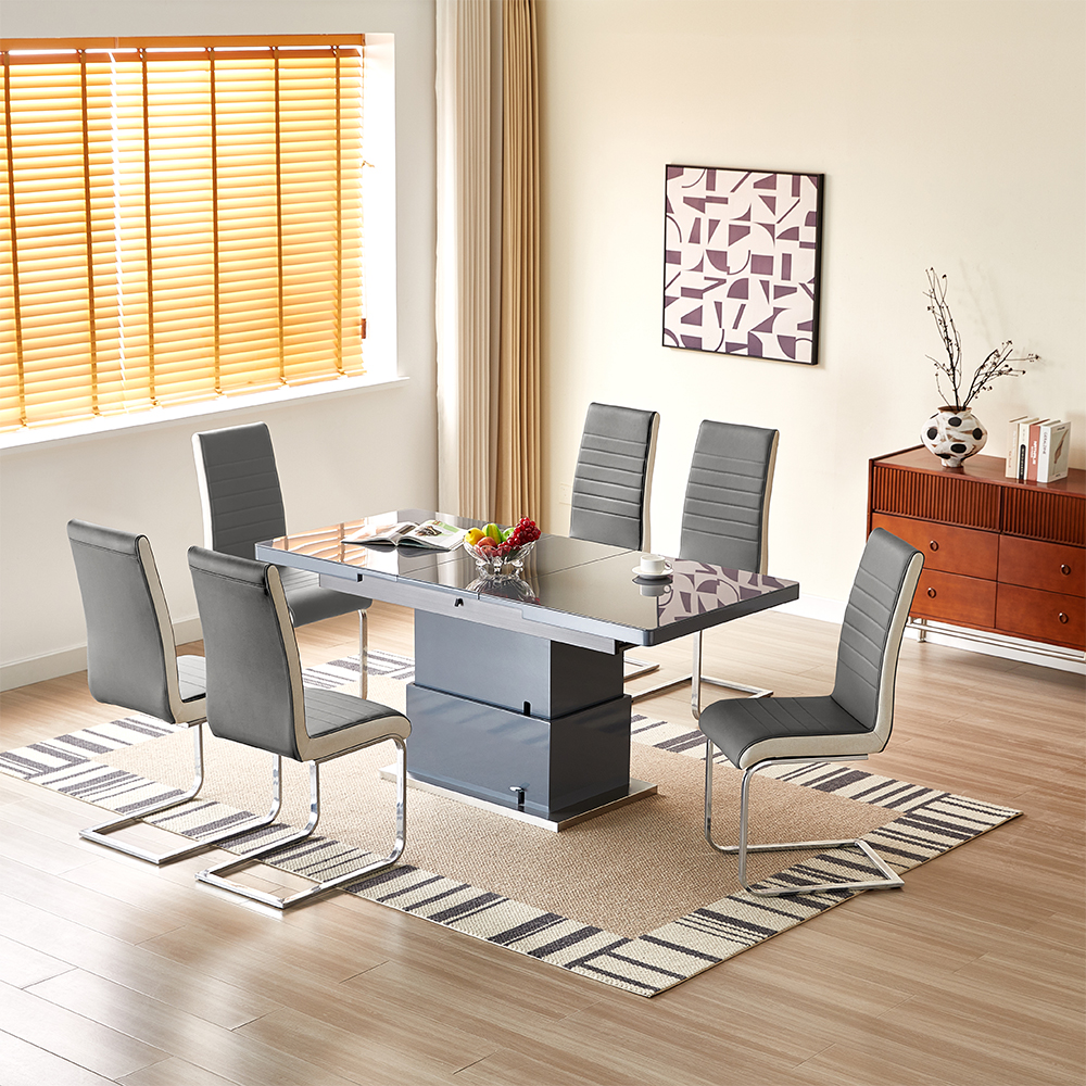 Read more about Elgin convertible grey gloss dining table 6 symphony grey chairs