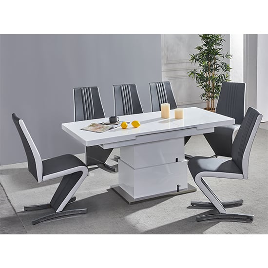 Photo of Elgin convertible white gloss dining table 6 gia grey chairs