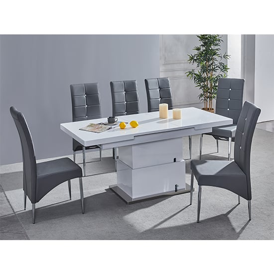 Elgin Convertible White Gloss Dining Table With 6 Grey Chairs