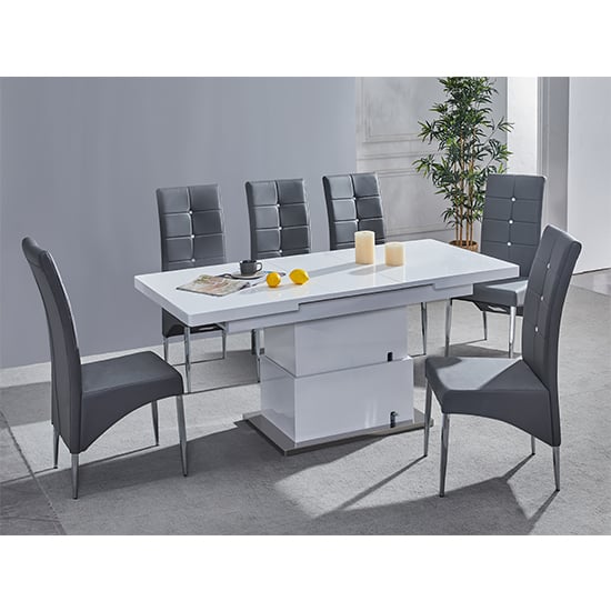 Read more about Elgin convertible white gloss dining table 6 vesta grey chairs