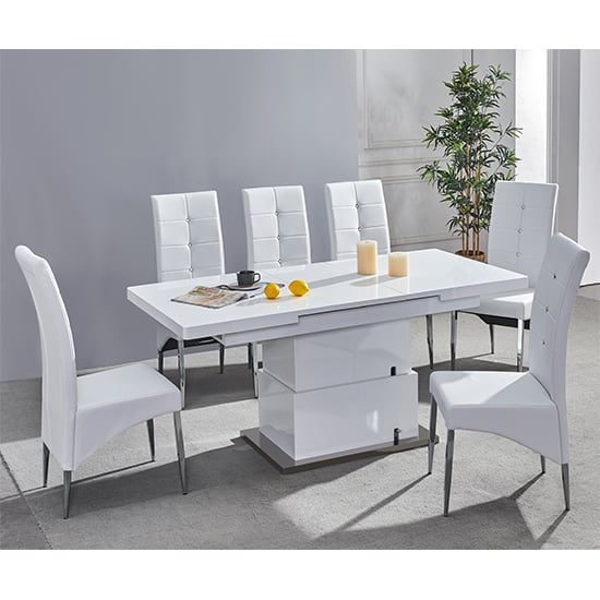 View Elgin convertible white gloss dining table with 6 white chairs