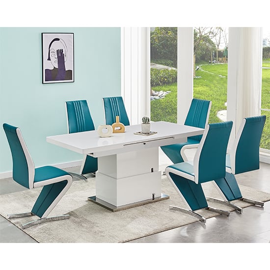 Product photograph of Elgin Convertible White Gloss Dining Table 6 Gia Teal Chairs from Furniture in Fashion