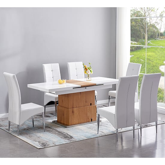 Elgin Convertible White Oak Dining Table 6 Vesta White Chairs