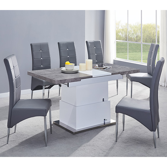 Elgin Convertible Concrete Effect Dining Table 6 Grey Chairs
