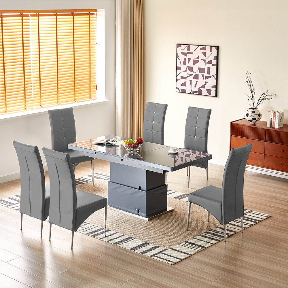 Read more about Elgin convertible grey gloss dining table with 6 vesta grey chairs