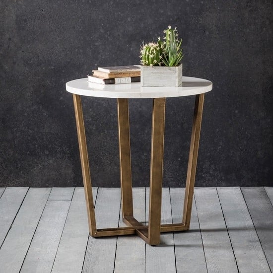 Eliana Round Marble Side Table In White With Gold Metal Legs