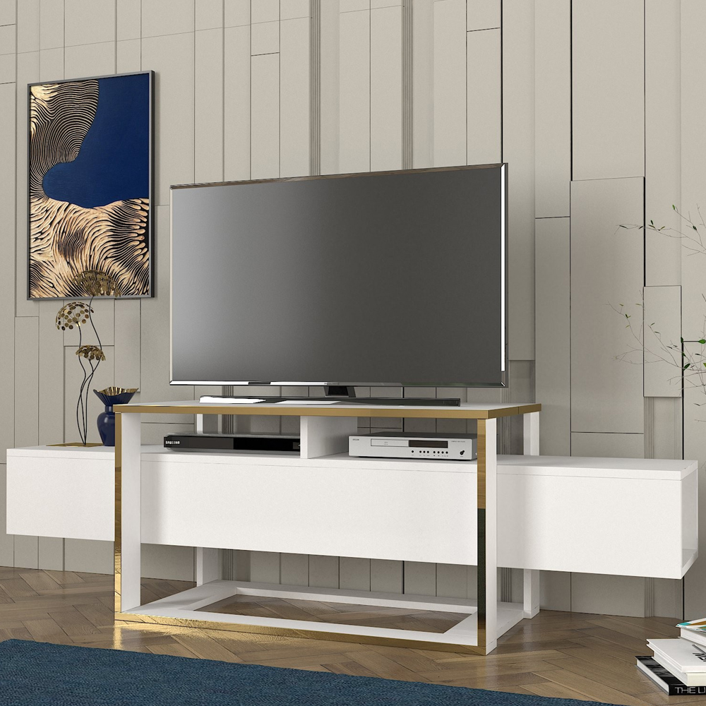 Elinda Wooden TV Stand In White And Gold