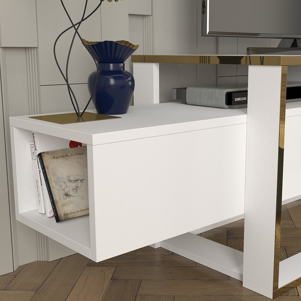 Elinda Wooden TV Stand In White And Gold