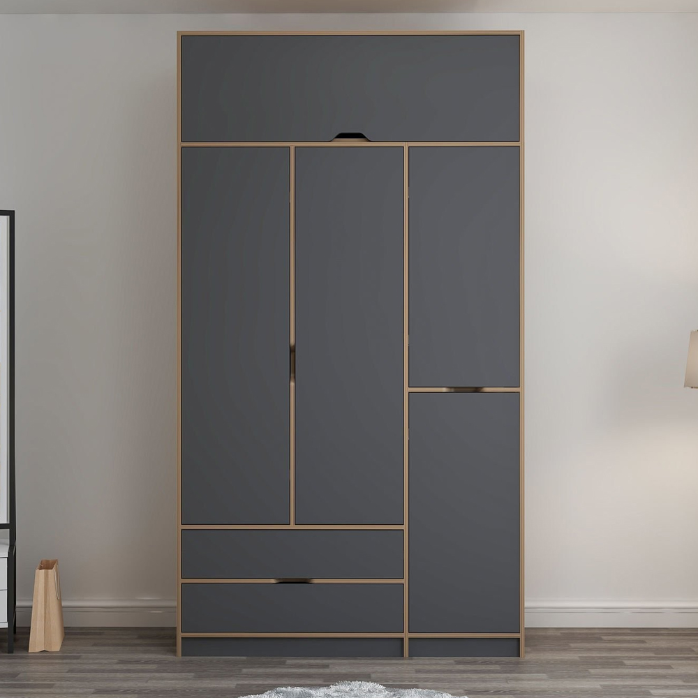 Elina Wooden Wardrobe with 5 Doors in Anthracite and Oak