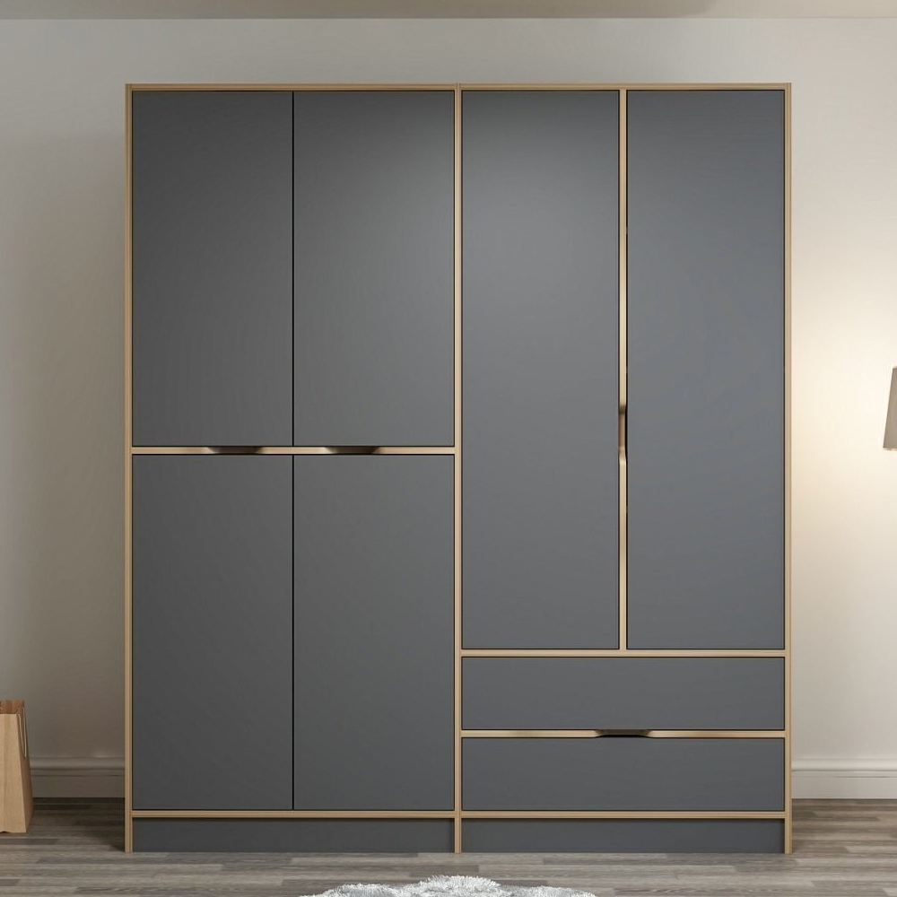 Elina Wooden Wardrobe with 6 Doors in Anthracite and Oak
