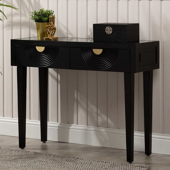Eliot Mirror Top Console Table In Black And Gold Handle