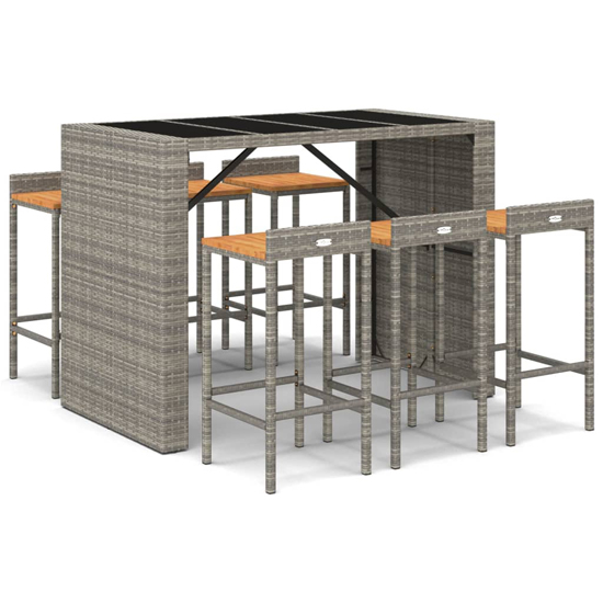 Elita Solid Wood 7 Piece Garden Bar Set In Grey Poly Rattan