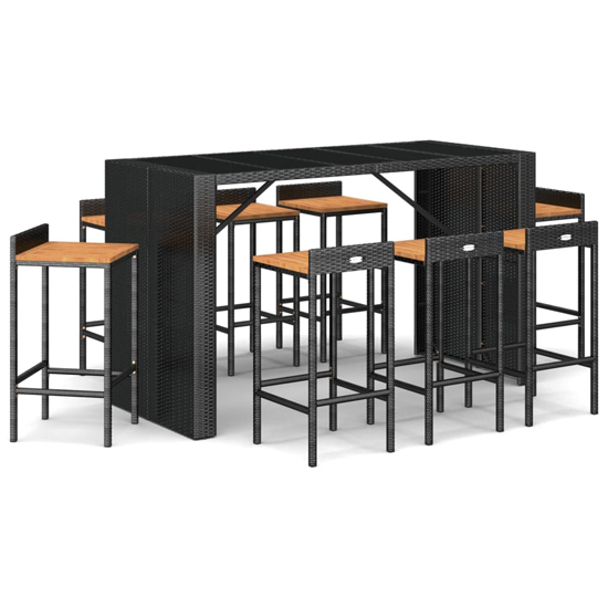 Elita Solid Wood 9 Piece Garden Bar Set In Black Poly Rattan