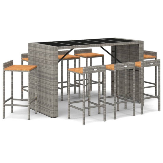 Elita Solid Wood 9 Piece Garden Bar Set In Grey Poly Rattan