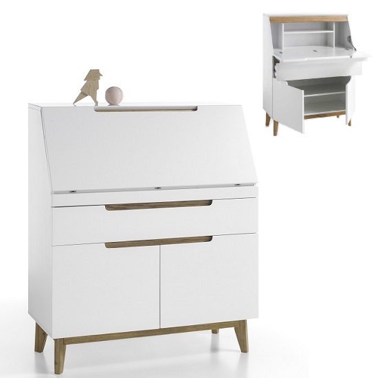 Merina Laptop Desk In Matt White And Knotty Oak With Storage