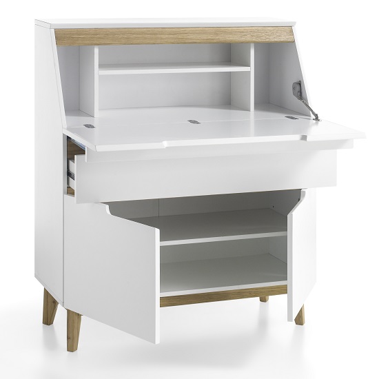 Merina Laptop Desk In Matt White And Knotty Oak With Storage_3
