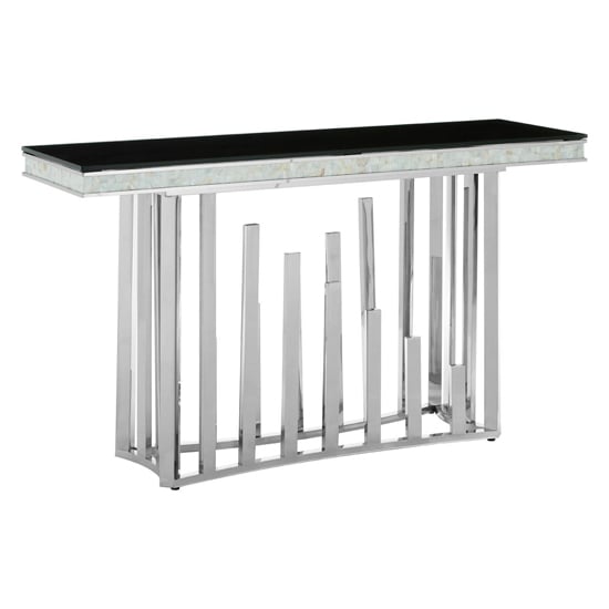 Elizak Black Glass Top Console Table With Silver Metal Frame_1