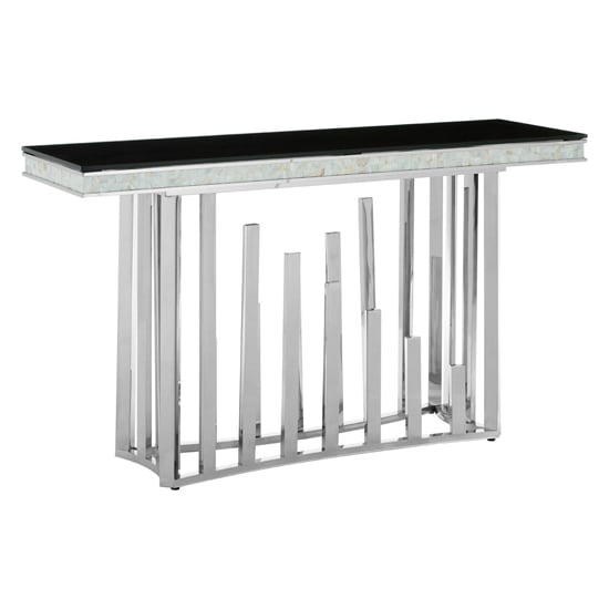 Photo of Elizak black glass top console table with silver metal frame