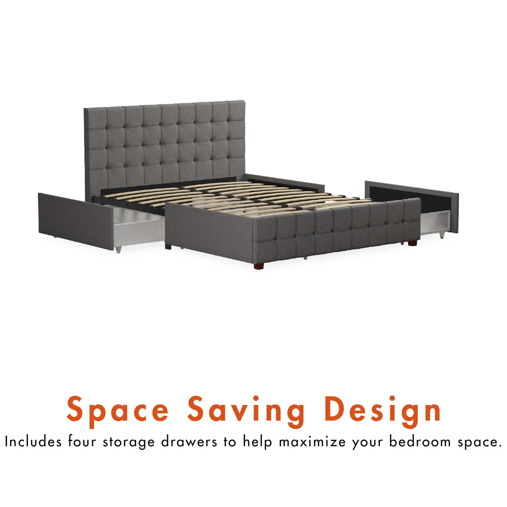 Elkhart Fabric Double Bed With 4 Drawers In Grey