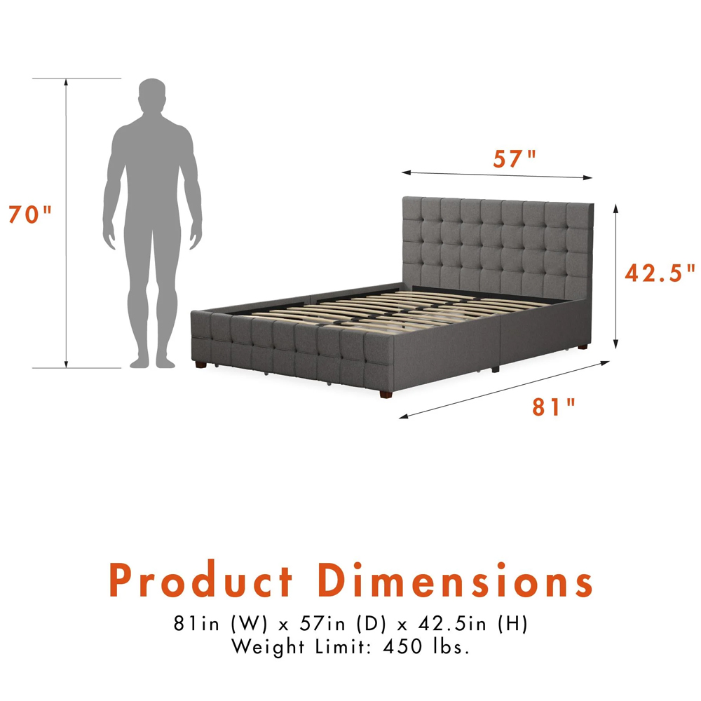 Elkhart Fabric Double Bed With 4 Drawers In Grey