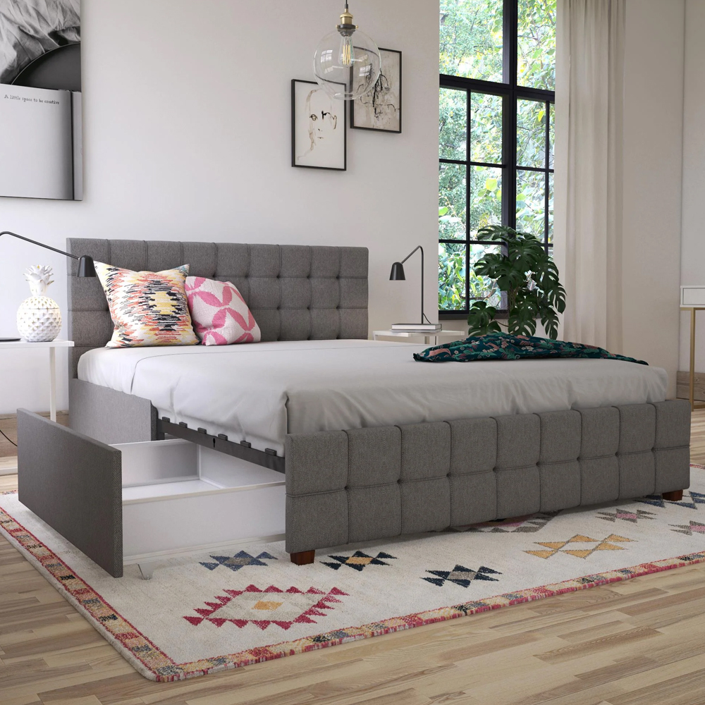 Elkhart Fabric Double Bed With 4 Drawers In Grey