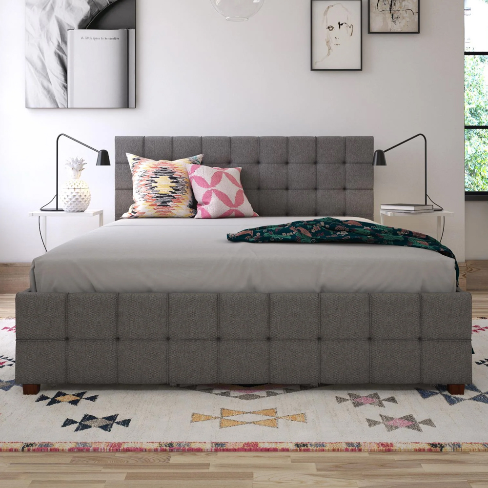 Elkhart Fabric Double Bed With 4 Drawers In Grey