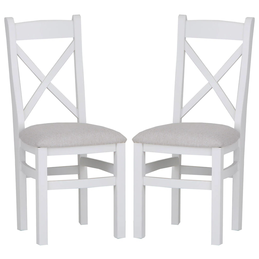 Elkin Cross White Wooden Dining Chairs With Fabric Seat In Pair_Discontinued