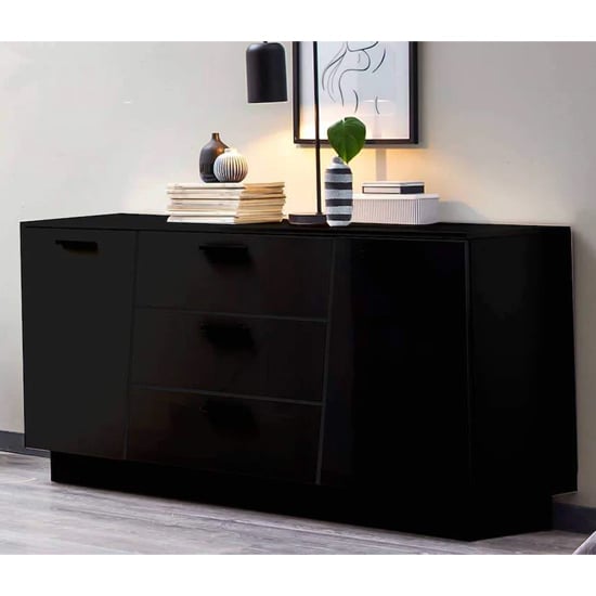 Product photograph of Elko High Gloss Sideboard With 2 Doors 3 Drawers In Black from Furniture in Fashion