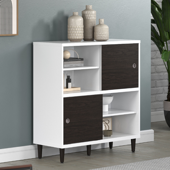 Product photograph of Elko Wooden Highboard With 2 Dark Brown Doors In Matt White from Furniture in Fashion