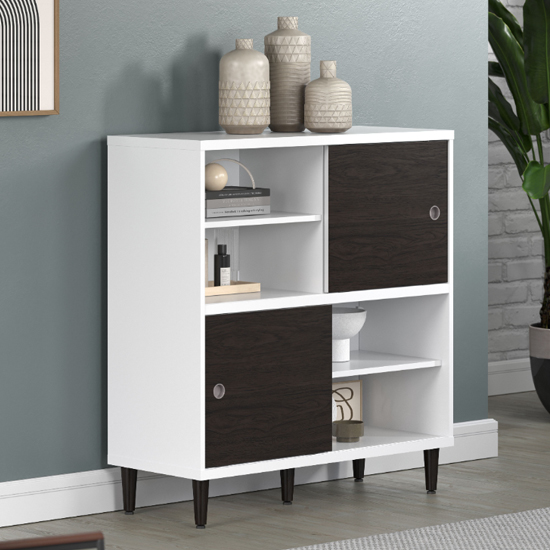 Elko Wooden Highboard With 2 Dark Brown Doors In Matt White Furniture