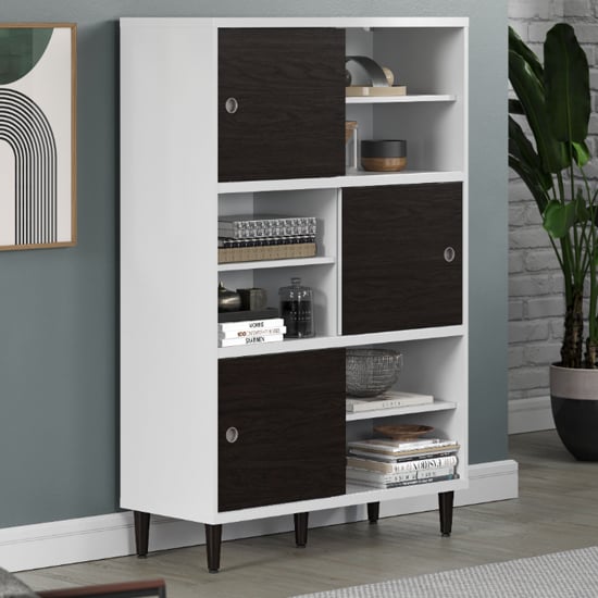 Product photograph of Elko Wooden Highboard With 3 Dark Brown Doors In Matt White from Furniture in Fashion