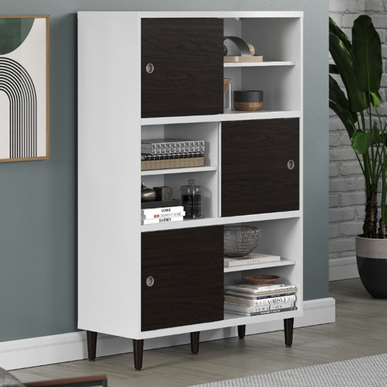 Elko Wooden Highboard With 3 Dark Brown Doors In Matt White Furniture