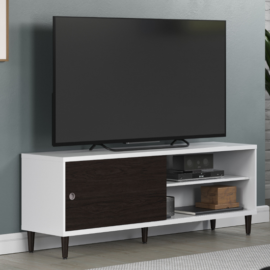 Elko Wooden TV Stand With 1 Dark Brown Door In Matt White