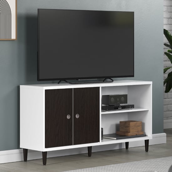 Product photograph of Elko Wooden Tv Stand With 2 Dark Brown Doors In Matt White from Furniture in Fashion