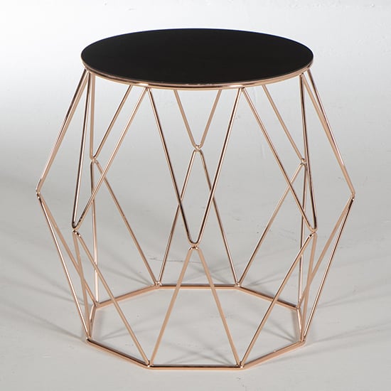 Ella Black Glass End Table Round With Rose Gold Metal Frame