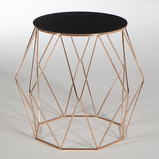 Product photograph of Ella Black Glass End Table Round With Rose Gold Metal Frame from Furniture in Fashion