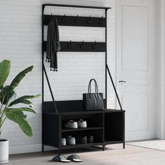 Ellenton Wooden Clothes Rack With Shoe Storage In Black Furniture in