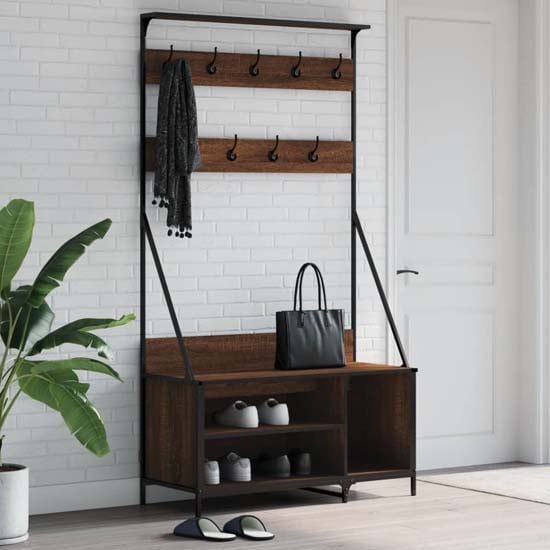 Product photograph of Ellenton Wooden Clothes Rack With Shoe Storage In Brown Oak from Furniture in Fashion