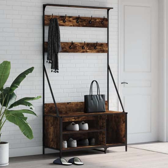 Product photograph of Ellenton Wooden Clothes Rack With Shoe Storage In Smoked Oak from Furniture in Fashion