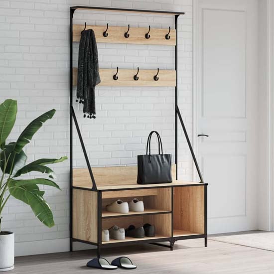 Product photograph of Ellenton Wooden Clothes Rack With Shoe Storage In Sonoma Oak from Furniture in Fashion