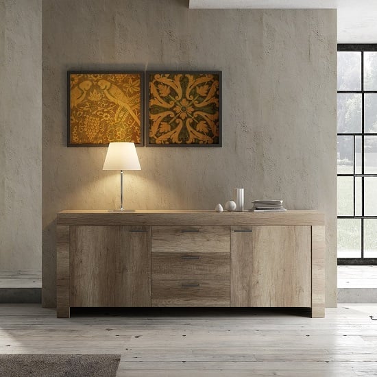 Photo of Ellie wooden sideboard in canyon oak with 2 doors and 3 drawers